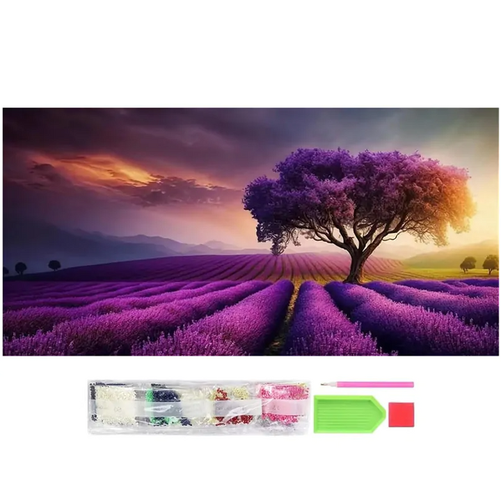 Goblen mozaic cu diamante, Zola, model camp de lavanda, 50x120 cm