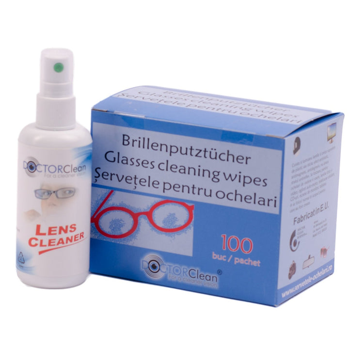 Kit de curatare ochelari - 100 servetele si 100ml solutie curatare, Doctor Clean