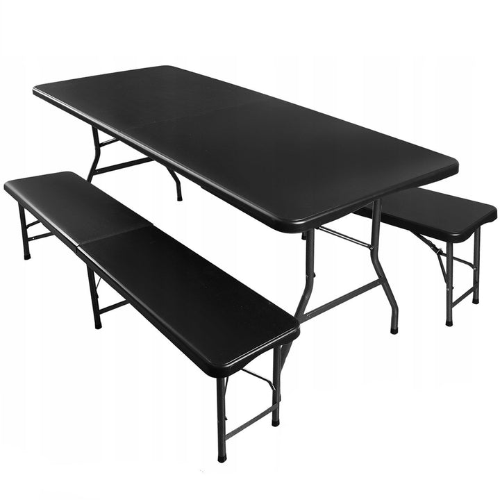 Masa si 2 banci pliabile, Zola, plastic si otel, 180x74x74cm/180x30x45cm, pentru camping sau gradina, negru