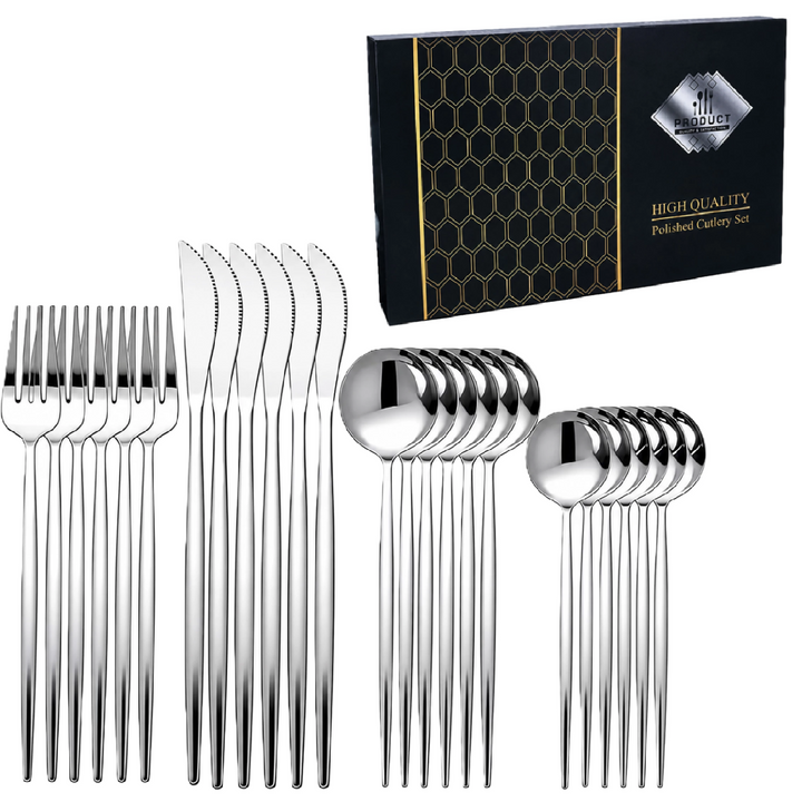 Set 24 tacamuri, Zola, pentru 6 persoane,  cutite / furculite / linguri / lingurite, otel inoxidabil, cutie depozitare, argintii