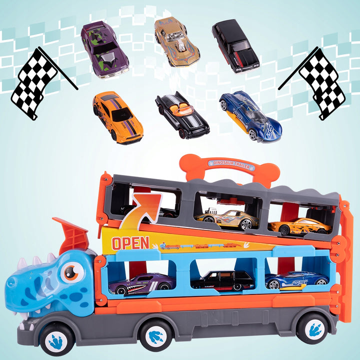 Set de joaca 3 in 1, Zola®, mega transportator de 6 masini, depozitare si pista cu lansator, echipament cu 2 platforme,  dimensiuni pliabil  37 x 18 x 9 cm, dimesniune totala 159 x 9 x 14 cm