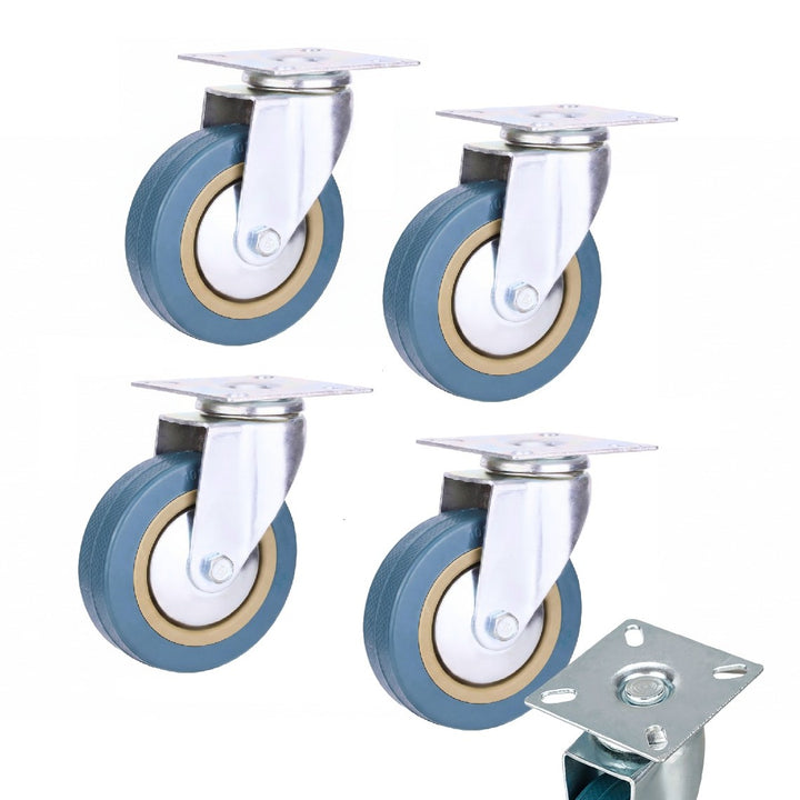 Set 4 roti pivotante cu placa, Zola, 100 x 25 mm, pentru mobilier si carucioare, rotatie 360°, cauciuc tehnic silentios, otel galvanizat, albastru