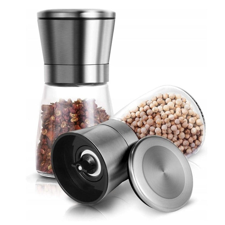 Set 2 rasnite de sticla pentru condimente, Zola, capacitate 180 g, 3 trepte reglare grad macinare, 13.5 x 6.5 cm, argintii