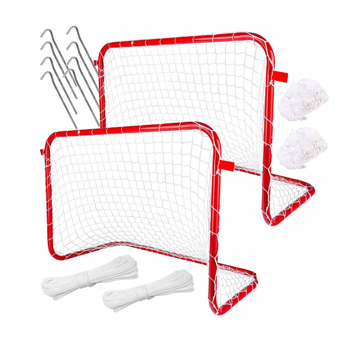 Set 2 porti de fotbal, Zola, 78 x 45 x 56 cm, plasa, cadru de otel, 8 cuie pentru fixare, 2 franghii, rosii