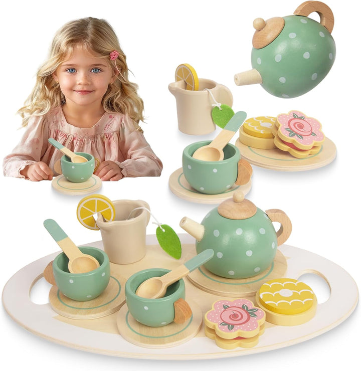 Set de ceai din lemn pentru copii, Zola®, Montessori, joc de rol, accesorii incluse, culori pastelate