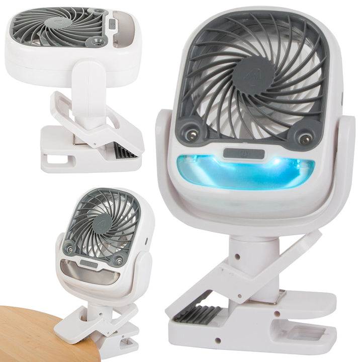 Ventilator 2 in 1 cu umidificator, Zola, pentru birou, fara fir, rotire 360°, 3 viteze, functie iluminare, fixare cu clip pe blat,  25 x 12.5 x 12.5 cm, alb