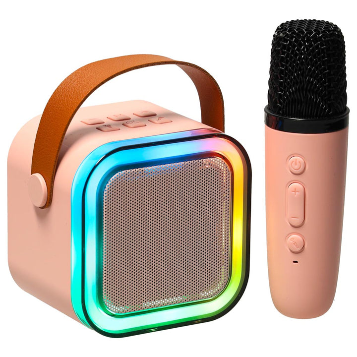 Set karaoke, Zola, difuzor cu 1 microfon, raza de actiune pana la 10 m, efecte de voce original/femeie/barbat/copil/monstru, bluetooth 5.3, 10W, iluminare LED, roz