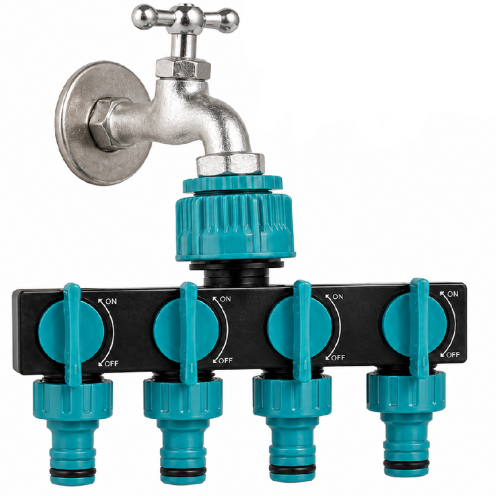 Distribuitor apa cu 4 cai, Zola, robinete individuale on/off, conector 1”, adaptoare 3/4” si 1/2”, PVC, 18 x 12 x 8 cm