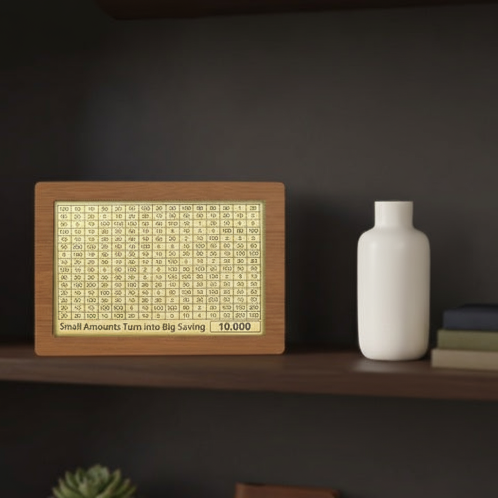 Pusculita din lemn pentru copii si adulti, Zola, sistem inteligent de economisire, 5 planuri economie diferite, numere pentru bifat, marker, lemn, 20 x 14.5 x 7.7 cm, maro