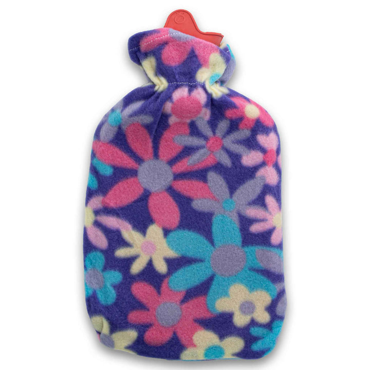 Perna pentru apa calda, Zola®, capacitate 1.7 l, din cauciuc cu husa pufoasa, mov cu flori multicolore