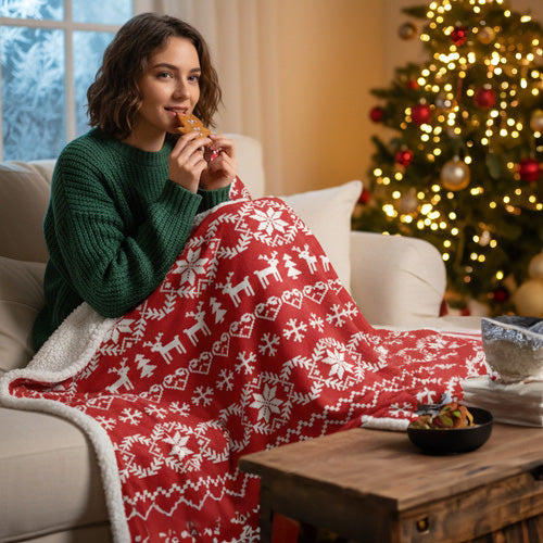 Patura pufoasa festiva, Zola, 130 x 170 cm, model fulgi de zapada si reni, poliester