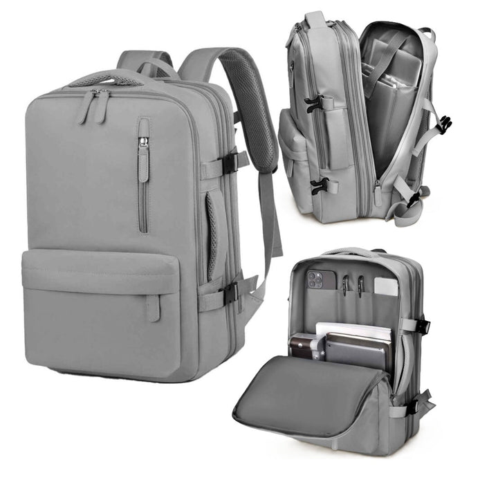 Rucsac calatorie avion, Zola, 40 x 30 x 20-30 cm, 3 compartimente, buzunare multiple, sistem agatare pe troler, impermeabil, poliester, gri