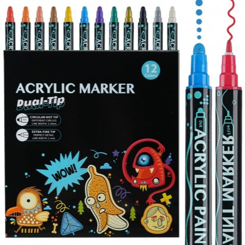 Set 12 markere acrilice, Zola, 2 capete subtire si gros, 1-5 mm, pentru hartie, piatra, sticla, ceramica, lemn, textile, panza, uscare rapida, multicolore