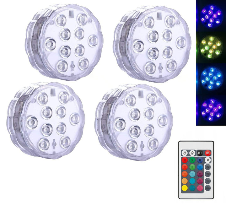 Set 4 lampi LED rezistente la apa, Zola, 10 LED-uri, 4 moduri de luminare, ideale petru piscine, jacuzzi, acvariu, telecomanda, IP68, 7 x 3 cm