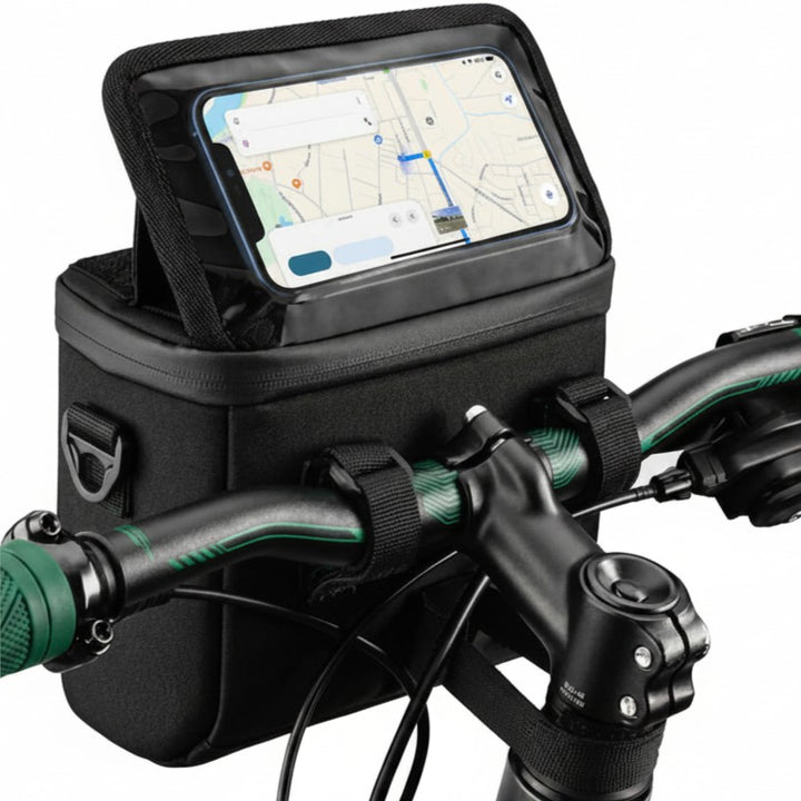 Geanta 2 in 1 bicicleta, Zola, suport telefon, unghi reglabil, impermeabila, capacitate 4 , curea umar 76–137 cm, fixare velcro, poliester, 19 × 11 × 18.5 cm , neagra