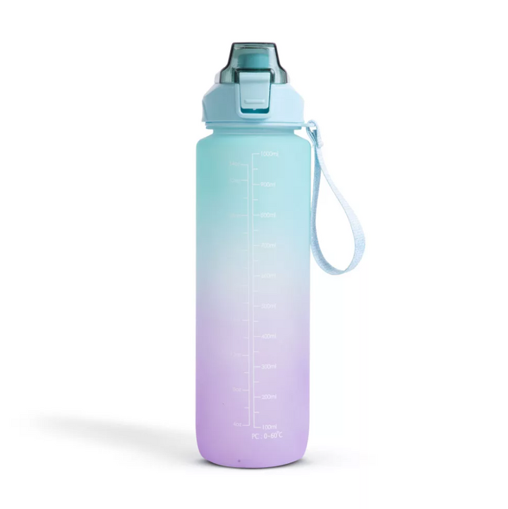 Sticla de apa cu pai, UBX, stikere amuzante, sistem de blocare capac, 1000 ml, marcator de timp cu mesaje, fara BPA, maner rezistent, 25x6.5 cm, verde-mov