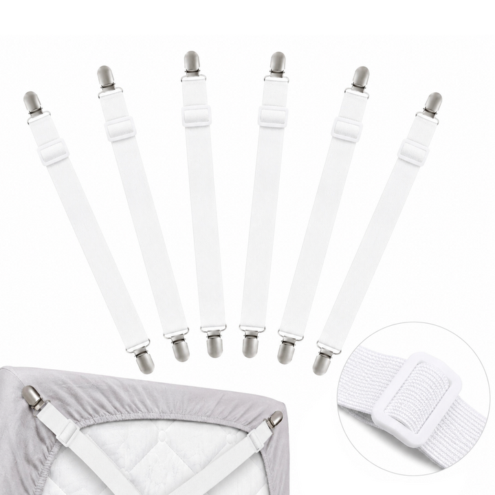 Set 6 curele elastice pentru cearsafuri, Zola, lungime reglabila 30-55 cm, cleme metalice, latime 2.5 cm, albe