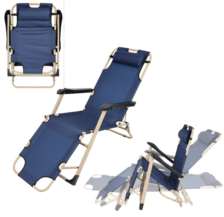 Sezlong de gradina pliabil cu manere, Zola, 178 x 47 cm, perna pentru cap, greutate suportata 150 kg, cadru metalic, material oxford 600D, bleumarin