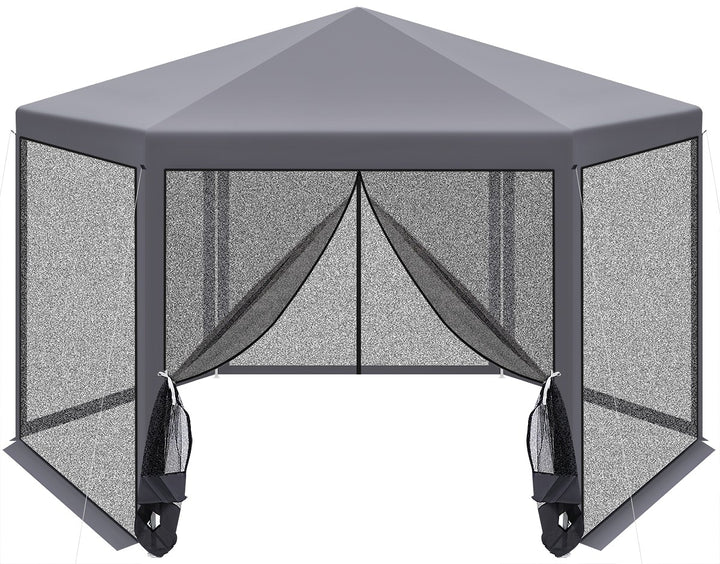 Pavilion/foisor de gradina hexagonal cu plasa impotriva insectelor, Zola, 2 x 2 x 2.5 m, inchidere cu fermoar, cadru din otel, poliester 140g/m2, gri