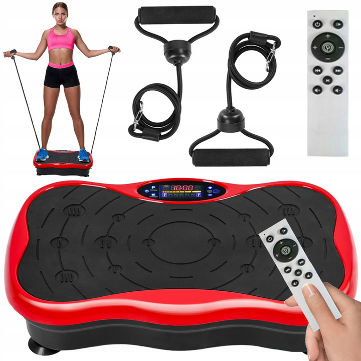 Aparat fitness cu vibromasaj, Zola, 2 benzi elastice cu manere atasabile, 5 programe diferite, 180 niveluri de viteza, afisaj LED, 200W, amplitudine vibratie 0.8 mm, Bluetooth, difuzoare incorporate, telecomanda, 53 x 31 x 13 cm, rosu