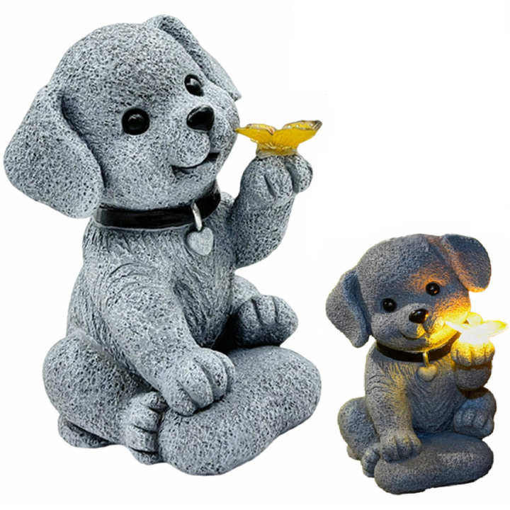 Lampa LED solara de gradina, UBX, model catelus cu fluture, IP44, plastic, 20 × 12 × 14 cm, gri