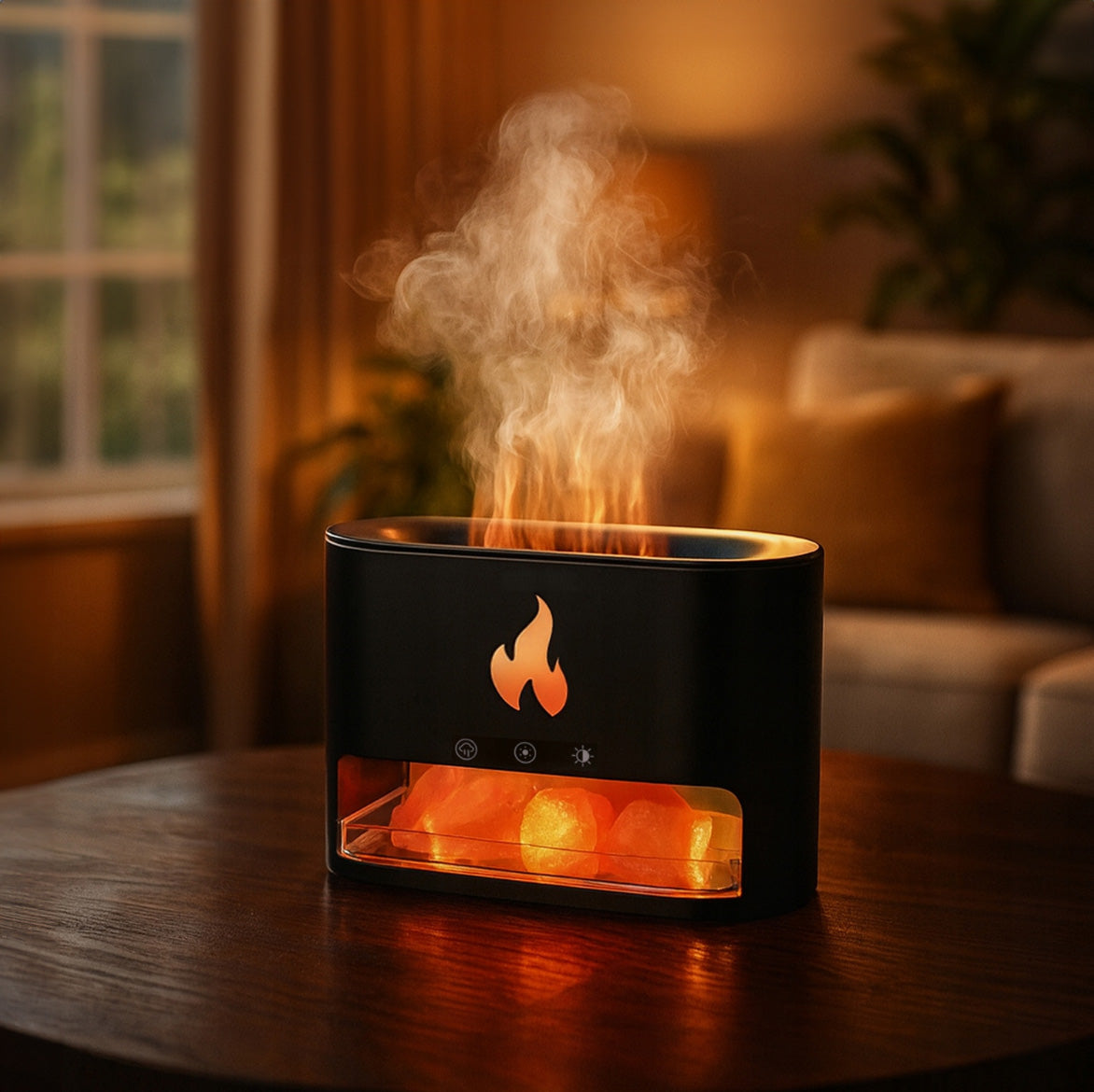 Difuzor aromaterapie efect semineu, Zola, 250 ml, 15-20 ml/h, 10 W, lumini LED, temporizator, USB, 13 x 8.5 x 19 cm, negru