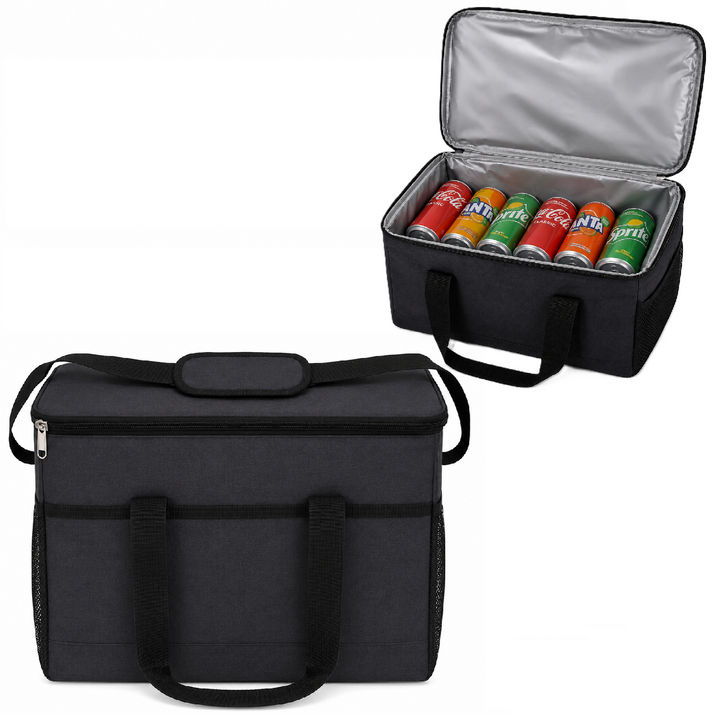 Geanta termica, Zola, 38 × 24 × 30 cm, buzunare multiple, manere si bretea, fermoare duble, neagra