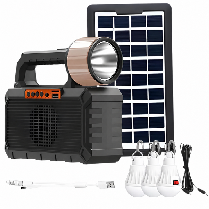 Kit solar iluminat, Zola, 3 becuri LED, lanterna, powerbank, difuzor wireless, incarcare USB