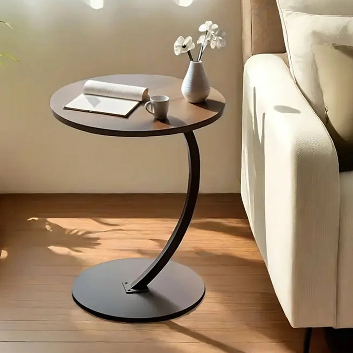 Masuta rotunda de cafea, Zola, design modern, cadru otel, blat MDF, 40x40x60 cm, negru/lemn de nuc