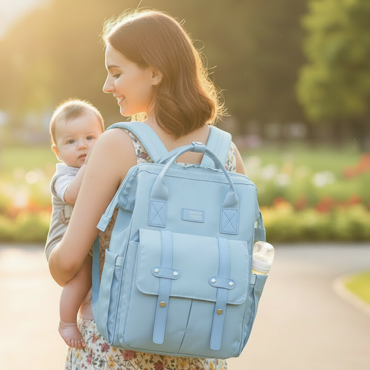 Rucsac multifunctional pentru scutece bebelusi, Zola, buzunare multiple, inchidere fermoar, 40 x 30 x 15 cm, bleu