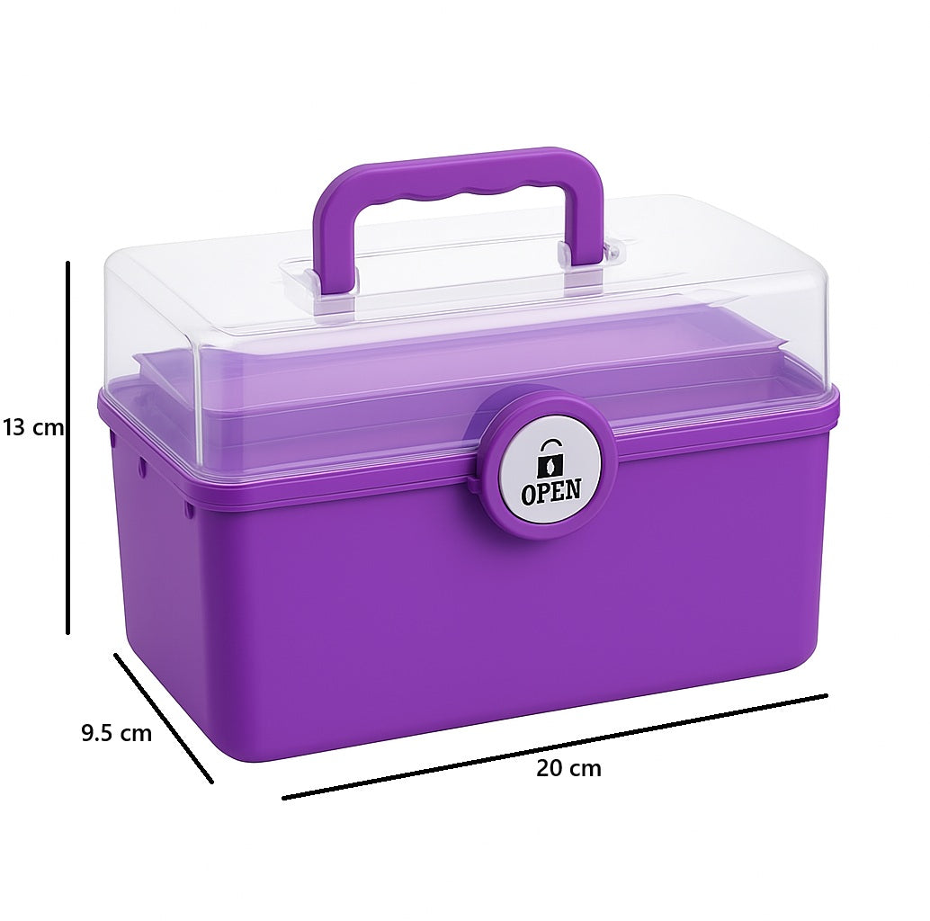 Cutie de medicamente organizatoare, Zola, 2 rafturi mobile, 20 x 13 x 9.5 cm,  6 compartimente, sistem de inchidere, maner de transport, mov