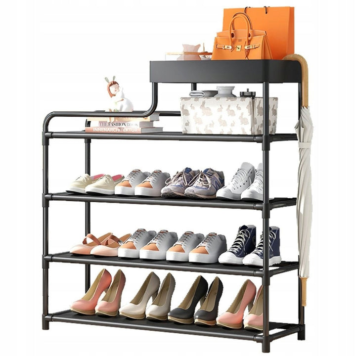 Pantofar modern, Zola, 4 rafturi incaltaminte, raft superior, metal/plastic/material textil, 82 x 59 x 22 cm, negru