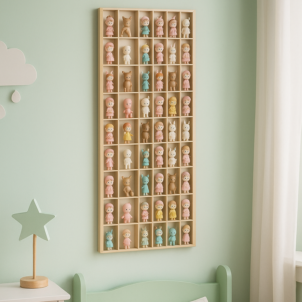 Raft organizator din lemn Montessori, Zola, pentru jucarii, 54 compartimente, 104 x 46 x 4.5 cm