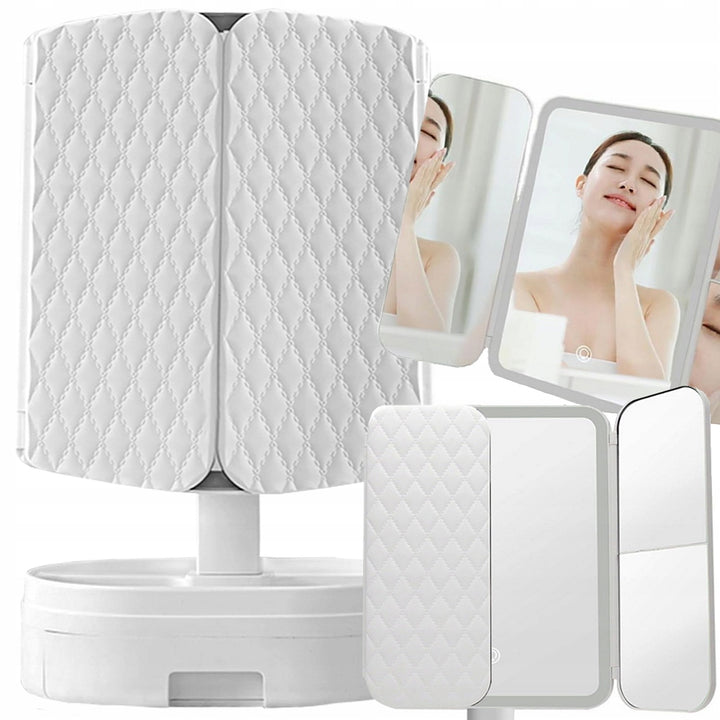 Oglinda cosmetica pliabila, Zola, lumini LED, marire 2x-3x, sertar depozitare, 3 moduri de iluminare, comutator tactil, cablu USB, dimensiune pliata 35 x 20 cm, deschisa 38 x 35 cm, alba