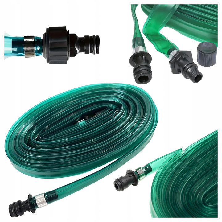 Sistem de irigare prin picurare, Zola, lungime furtun 15 m, diametru 16 mm, 2 conectori universali cu filet exterior 1/2" si 3/4", PVC durabil, verde