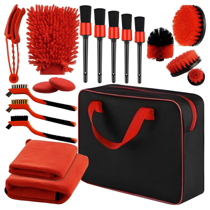 Kit pentru detailing auto, Zola, 19 piese, din otel, plastic, si naylon, curatare interior si exterior, geanta de depozitare, negru/rosu