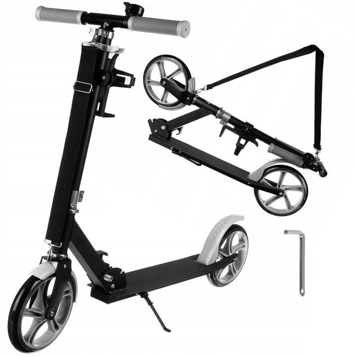 Trotineta pliabila copii, Zola, cadru aluminiu, ghidon reglabil 87/92/98 cm, roti diamtru 20 cm, frana spate, suprafata anti-alunecare, suport de sticla, clopotel, curea ajustabila pentru transport 42 - 72 cm, 97 x 37 x 105 cm, neagra