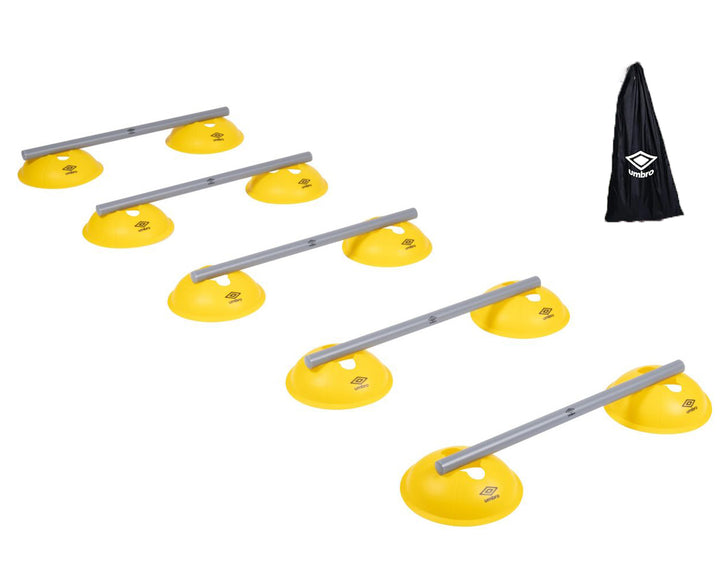 Kit antenament agilitate, UMBRO, 10 jaloane cu inaltimea de 20.5 cm si 5 bete coordonare cu lungime de 54 cm, geanta depozitare, plastic, galben