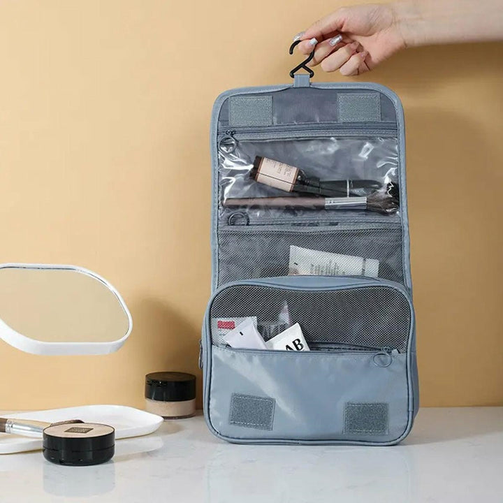 Organizator de baie pentru cosmetice, Zola®, fermoar, carlig pentru agatat, 47.5x24 cm, gri