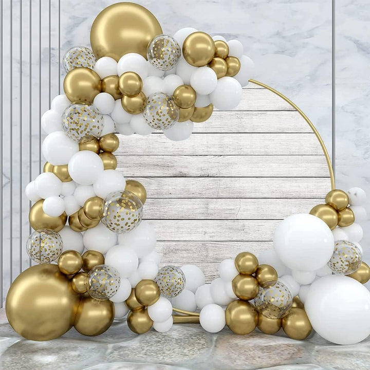 Set 110 baloane cu confetti pentru arcada, Zola, diferite marimi, 100 buline dublu adezive, 5 m panglica, alb/auriu