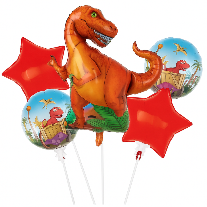 Set 5 baloane model dinozauri, Zola, T-Rex, diferite marimi,  rosu