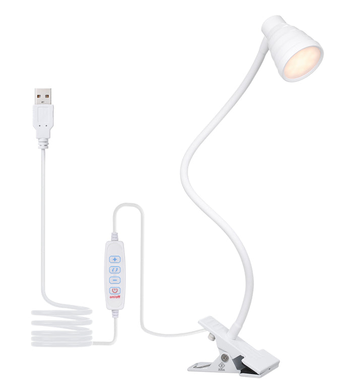 Lampa de birou cu clips,  Zola®, brat flexibil, 3 culori lumina, reglare 360 grade, 10 niveluri, USB, alba, 45 cm