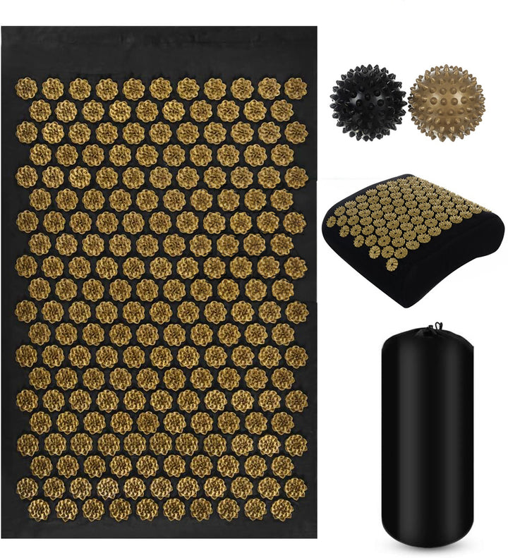 Set covoras de presopunctura, perna si 2 mingi, UBX®,  lungime covoras  115 x 40 x 2cm si  13743 puncte de presiune, dimensiuni perna 30 x 30 x 11 cm puncte de presiune 2565 , negru cu bej