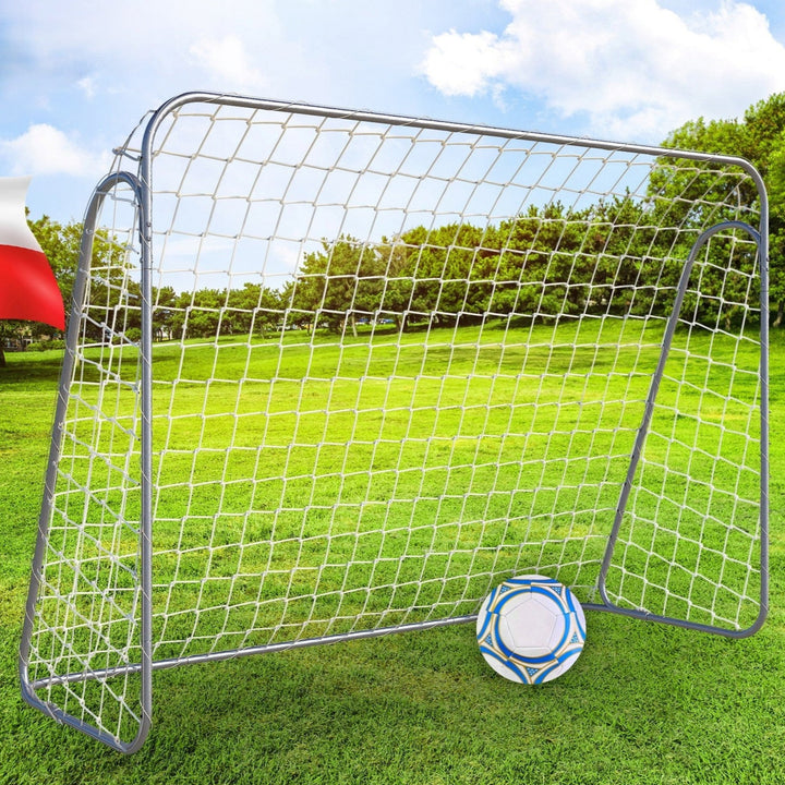 Poarta de fotbal, Zola, 215 x 150 x 75 cm, cadru otel, steag, minge PVC nr 4, plasa poliester inclusa, 7 cuie pentru fixare incluse