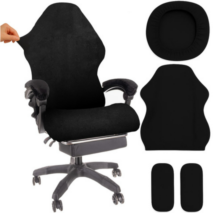 Set husa pentru scaun de gaming si cotiere, Zola, 4 piese, cu elastic si fermoar, sezut 52.5 x 50 cm, spatar 83 x 57 cm, cotiere 36 cm, neagra