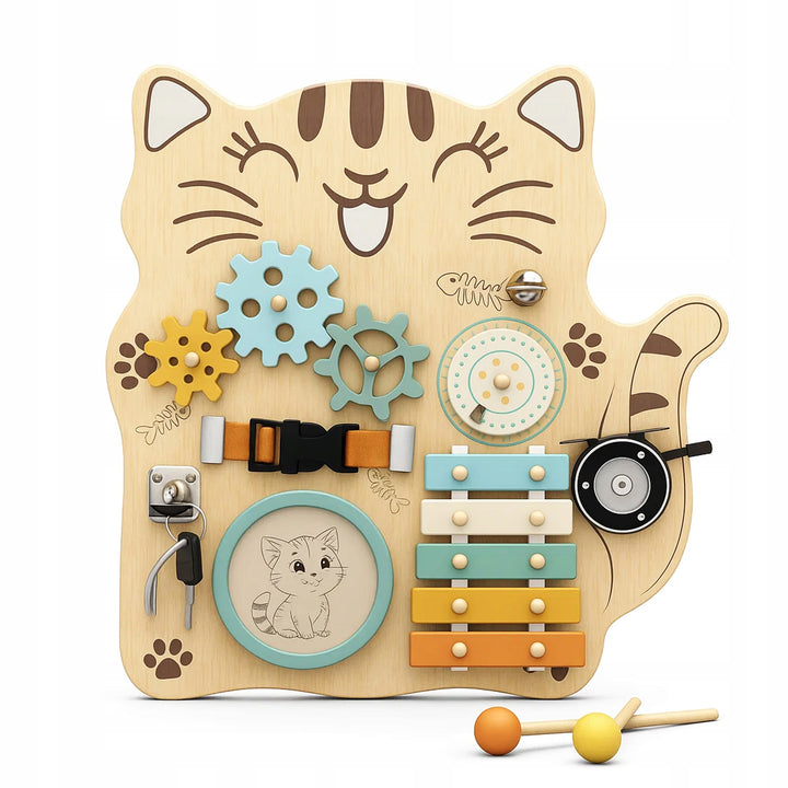 Placa educativa Montessori, Zola, activitati senzoriale, pisicuta, din lemn, 38 x 40 cm, multicolora