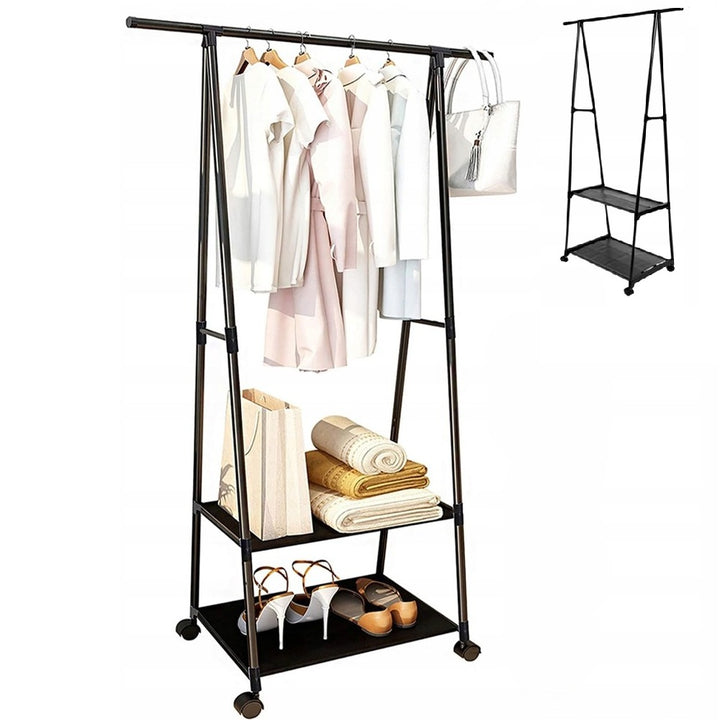 Suport pentru umerase si incaltaminte, Zola, 2 rafturi spatioase, roti, 85 x 28 / 37 x 158 cm, negru