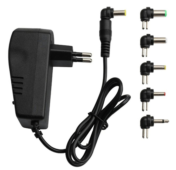 Adaptor CA universal, Zola®, cu 6 mufe interschimbabile, reglarea tensiunii la iesire, putere 30W, dioda de semnalizare, negru