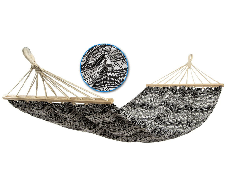Hamac de gradina, Zola, 200 x 100 cm, greutate maxima suportata 120 kg, lemn, bumbac 260g/m2, alb/negru