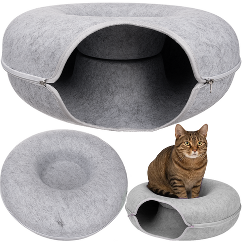 Culcus cu tunel de joaca pentru pisici, Zola, 51 x 20 cm, latime intrare 22 cm, cu fermoar, usor de curatat, din fetru, gri